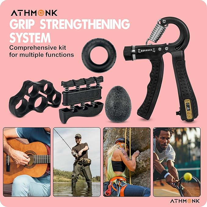 Athmonk Hand Gripper Kit - Hand Exercise Physiotherapy Equipments - Finger Strengthener & Stretcher - Stress Buster Gripper Ball - Adjustable Hand Gripper - Hand Grip Donut Ring - 5 Pcs Set